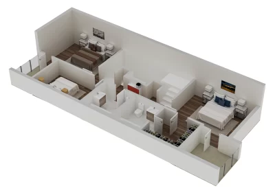 High-end 3D isometric floor plan showing a fully furnished house layout for a UK property listing.