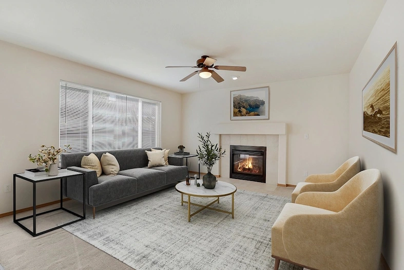 Digitally staged living room with a fireplace, designed to showcase interior potential for listings.