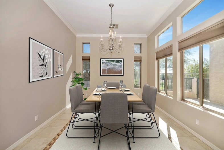 Professionally virtual-staged dining room to enhance property listing appeal for buyers and realtors.
