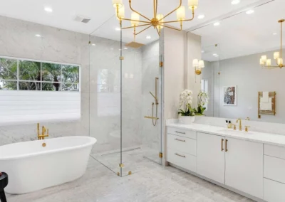 Spacious luxury master bathroom featuring marble finishes, edited with HDR for clarity and premium lighting.