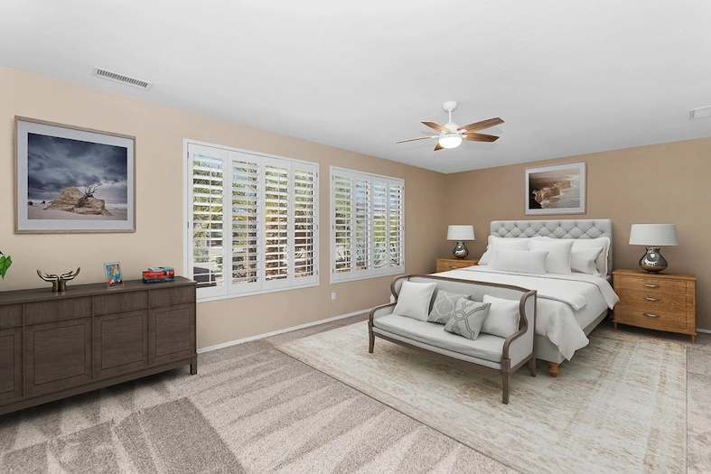 Elegant virtual staging of a master bedroom, helping potential buyers visualize their future home.