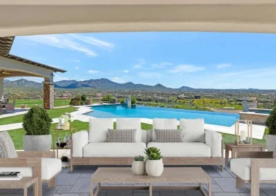 Modern virtual staging for an outdoor patio area with pool view, designed to increase real estate sales speed.