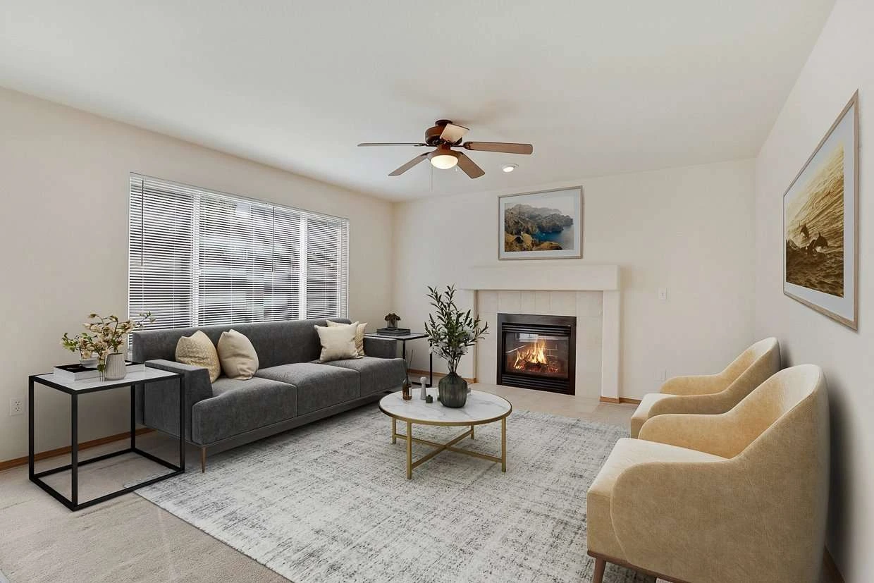 Digitally staged living room with a fireplace, designed to showcase interior potential for listings.